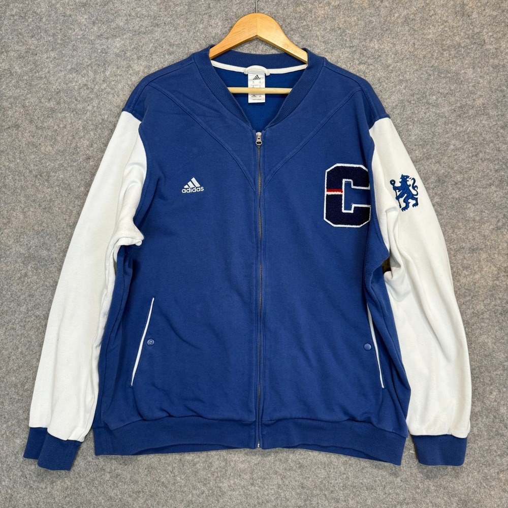 Adidas Chelsea‎ FC Varsity Jacket Mens 2XL Soccer Blue Snap Futbol Blue White
